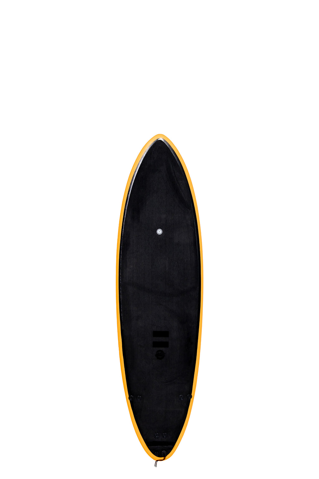 Front view of the Indio x Suntech Racer softboard featuring a black deck with Yellow-colored rails, displayed on a white background.