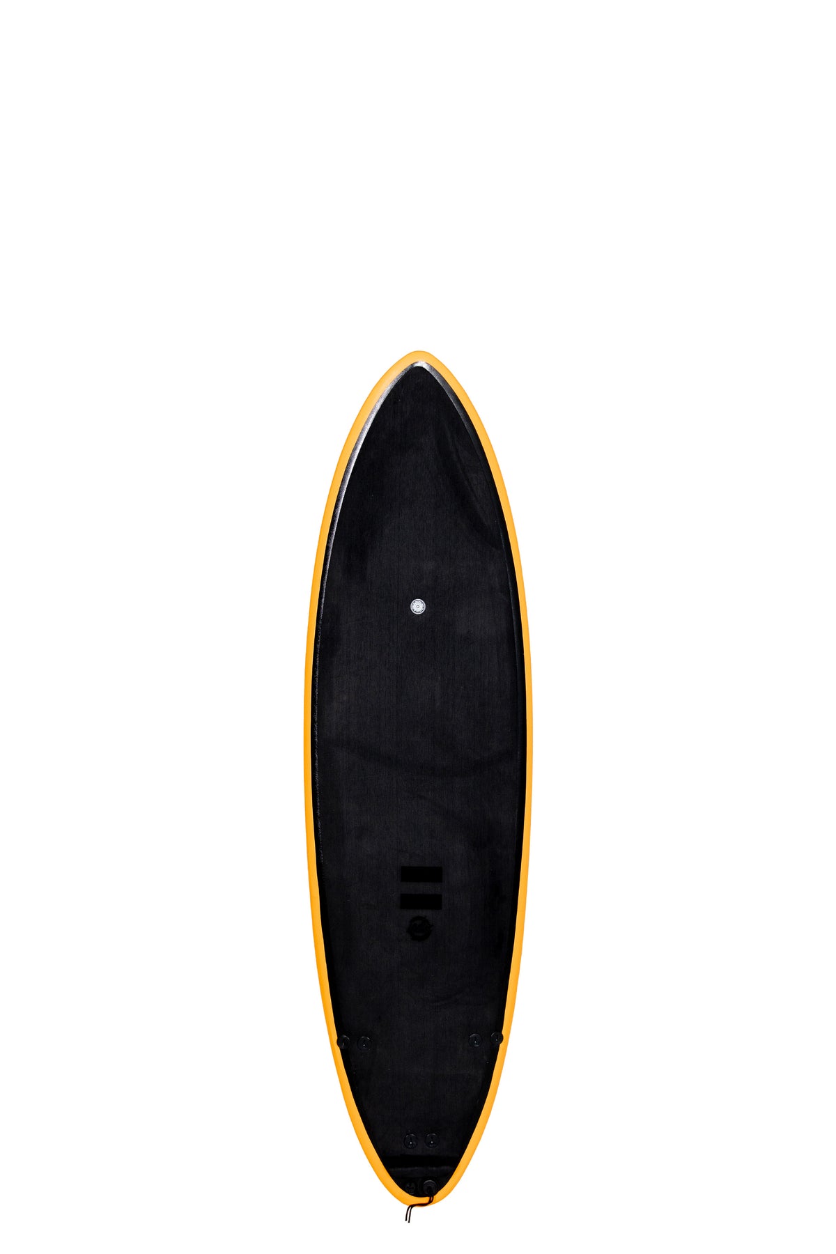 Front view of the Indio x Suntech Racer softboard featuring a black deck with Yellow-colored rails, displayed on a white background.