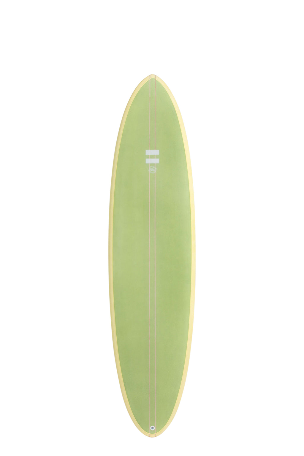 Front view of the Indio Endurance The Egg surfboard featuring a solid olive green deck with cream rails, displayed on a white background.