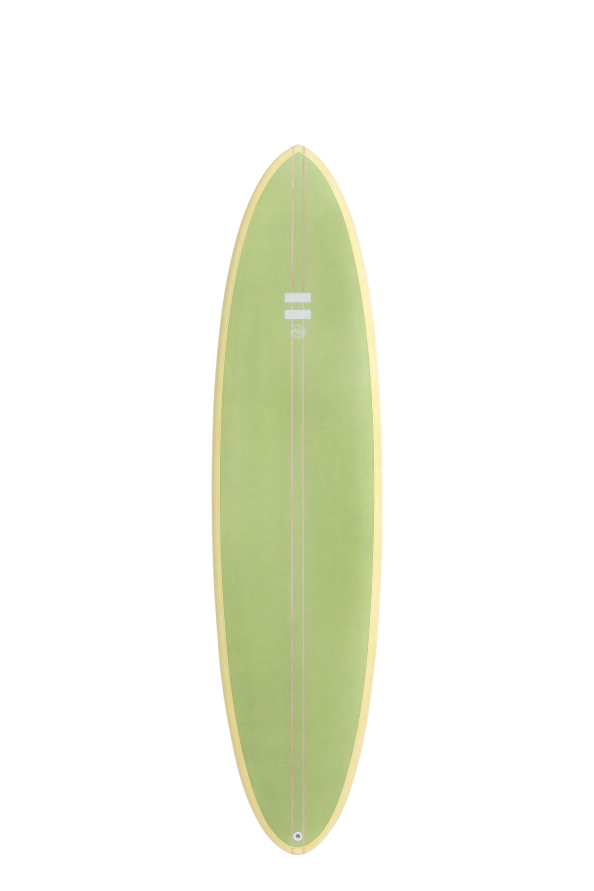 Front view of the Indio Endurance The Egg surfboard featuring a solid olive green deck with cream rails, displayed on a white background.