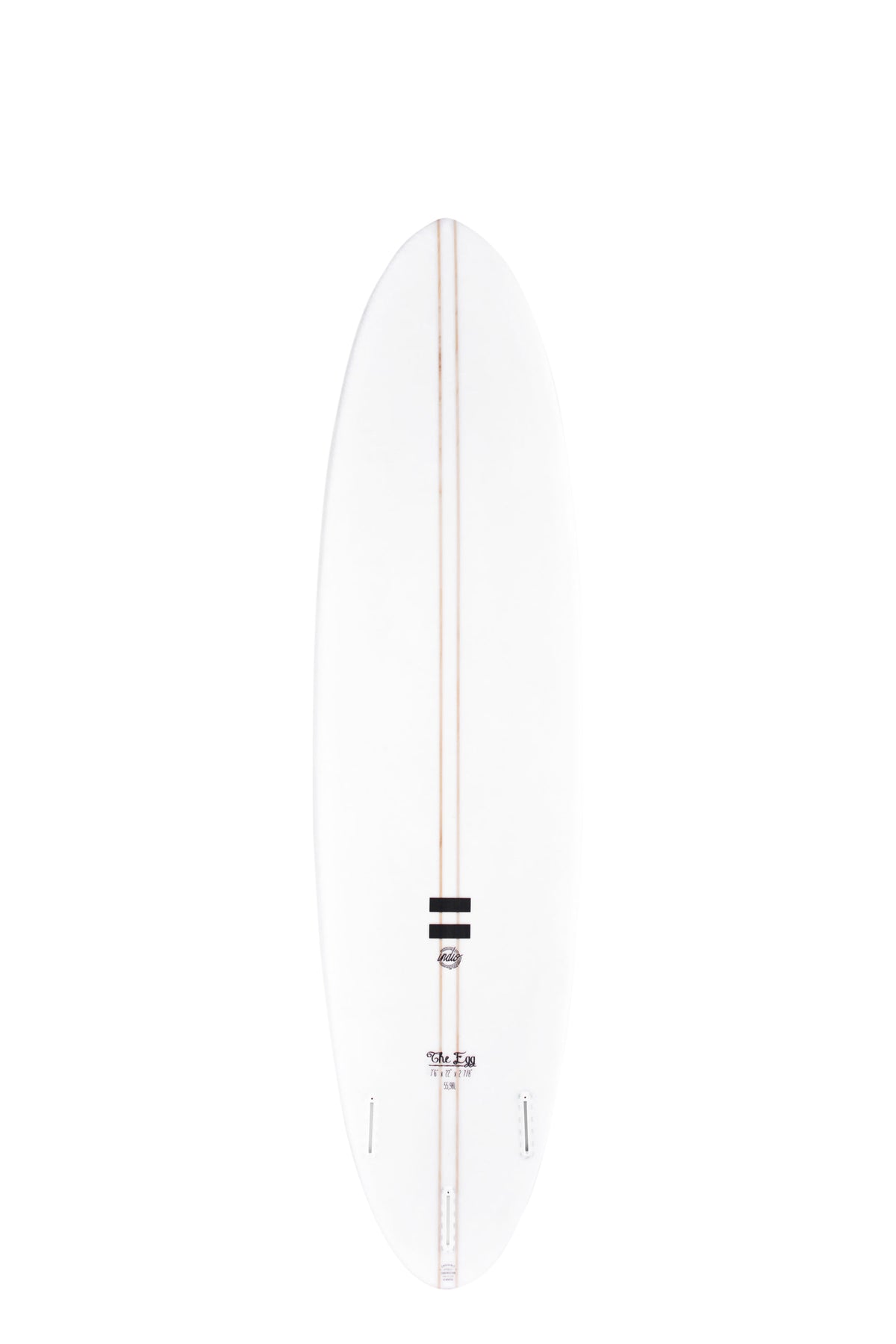 Back view of the Indio Endurance The Egg surfboard featuring a smooth, solid white color on the deck, displayed on a white background.