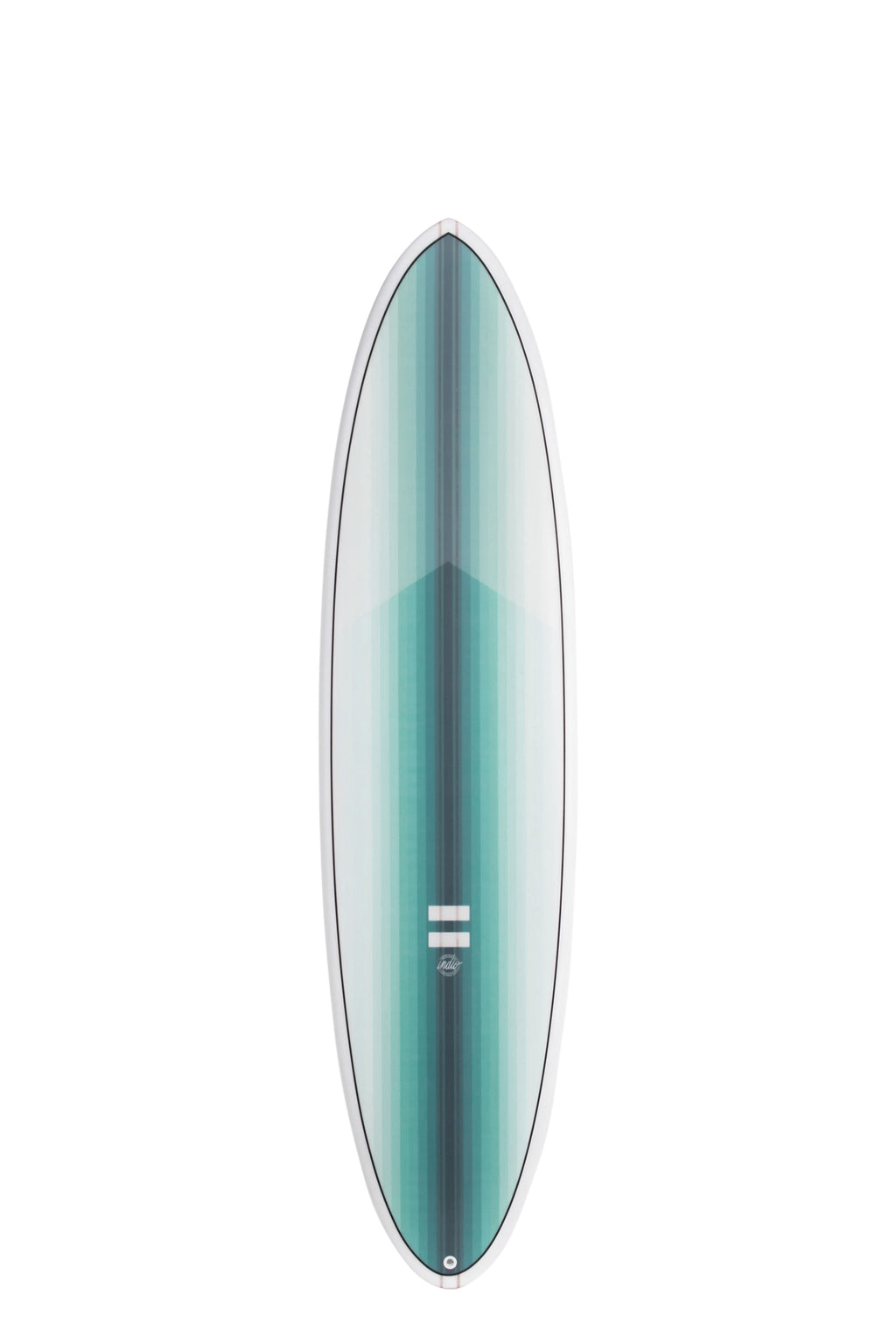 Front view of the Indio Endurance The Egg surfboard featuring vertical light blue and turquoise stripes that form a gradient along the deck, displayed on a white background.