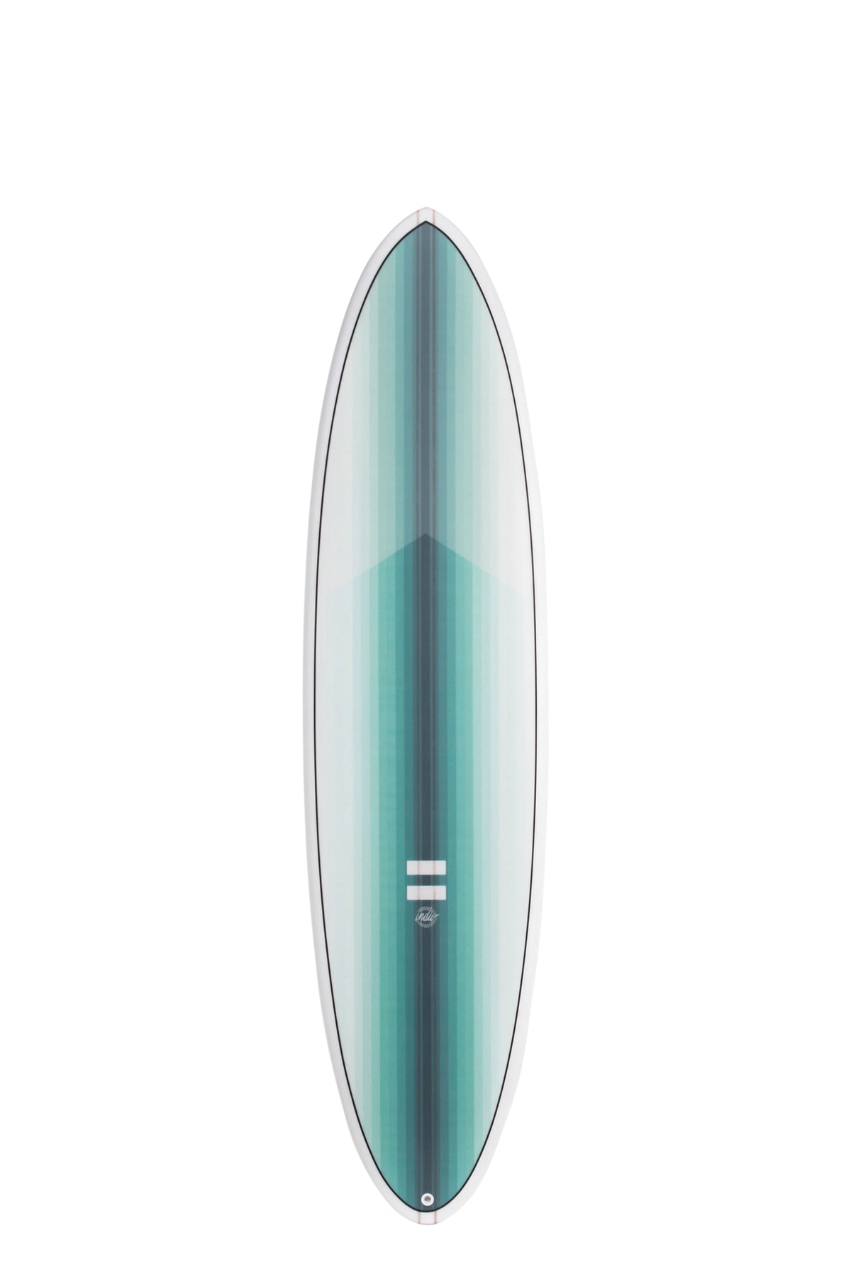Front view of the Indio Endurance The Egg surfboard featuring vertical light blue and turquoise stripes that form a gradient along the deck, displayed on a white background.