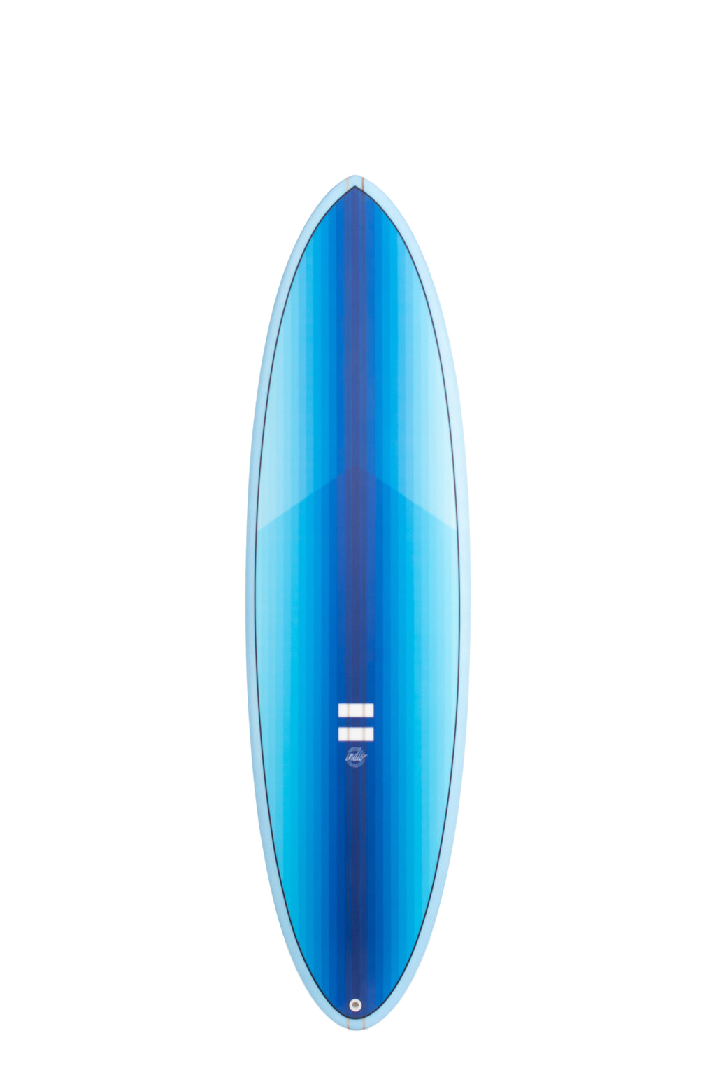 Front view of the Indio Endurance The Egg surfboard featuring vertical blue stripes that form a gradient along the deck, displayed on a white background.