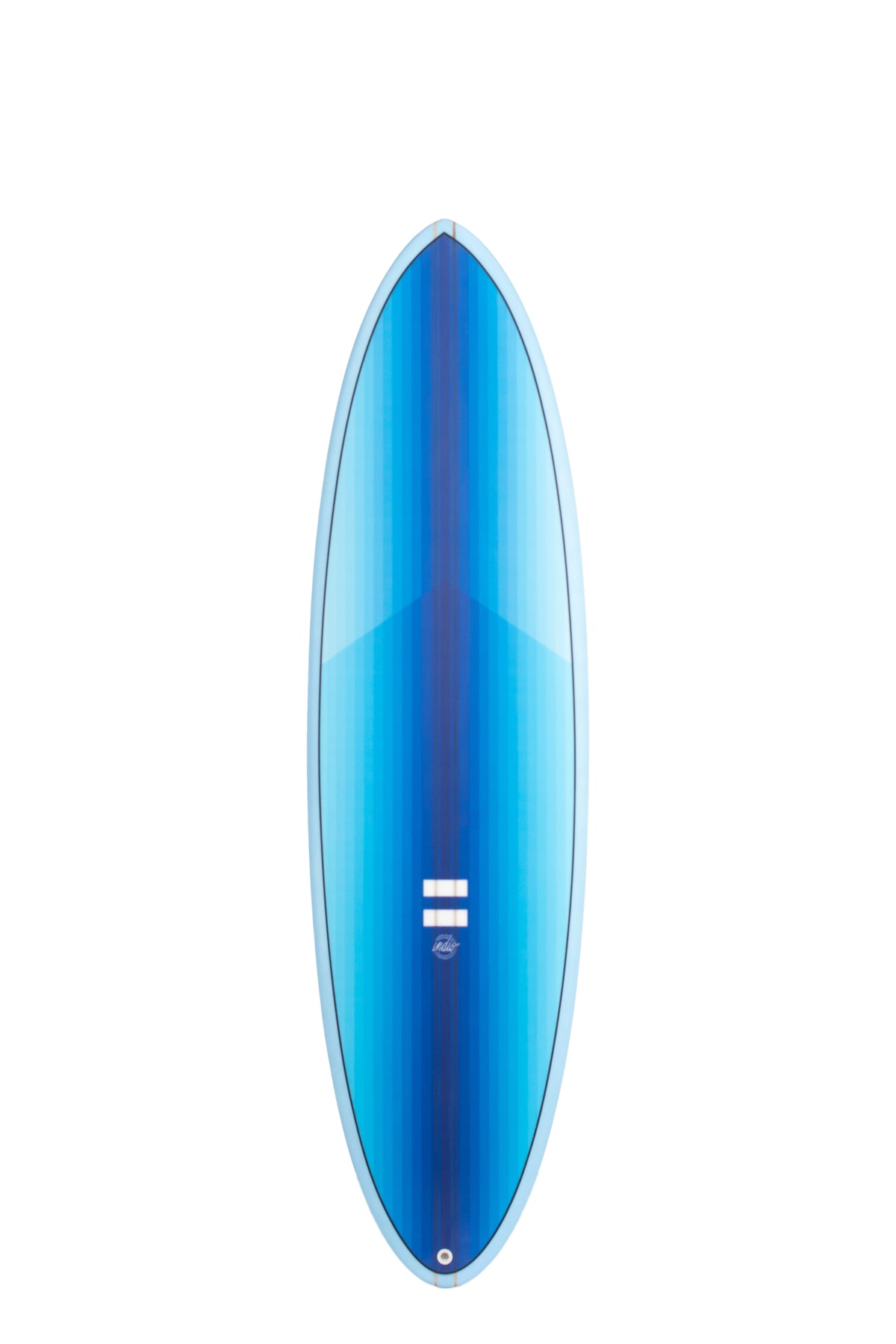 Front view of the Indio Endurance The Egg surfboard featuring vertical blue stripes that form a gradient along the deck, displayed on a white background.