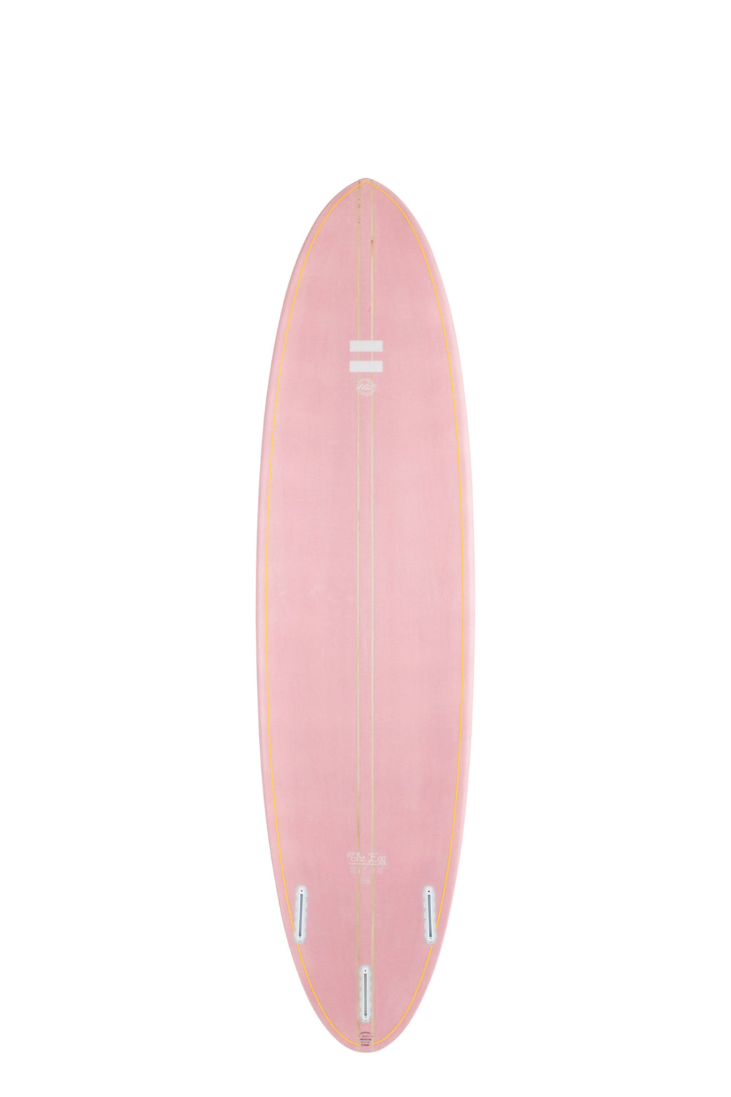Back view of the Indio Endurance The Egg surfboard featuring a smooth, solid Pink color on the deck, displayed on a white background.