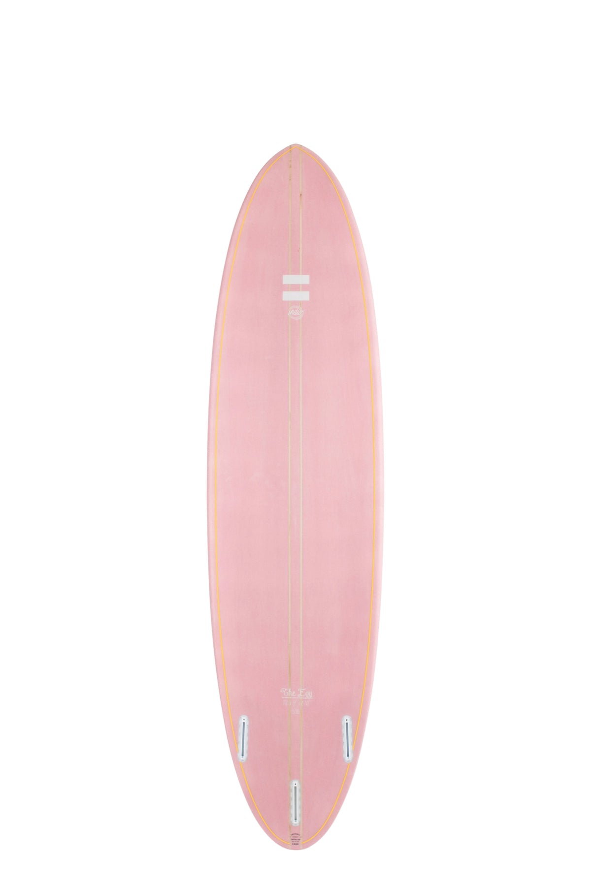 Back view of the Indio Endurance The Egg surfboard featuring a smooth, solid Pink color on the deck, displayed on a white background.