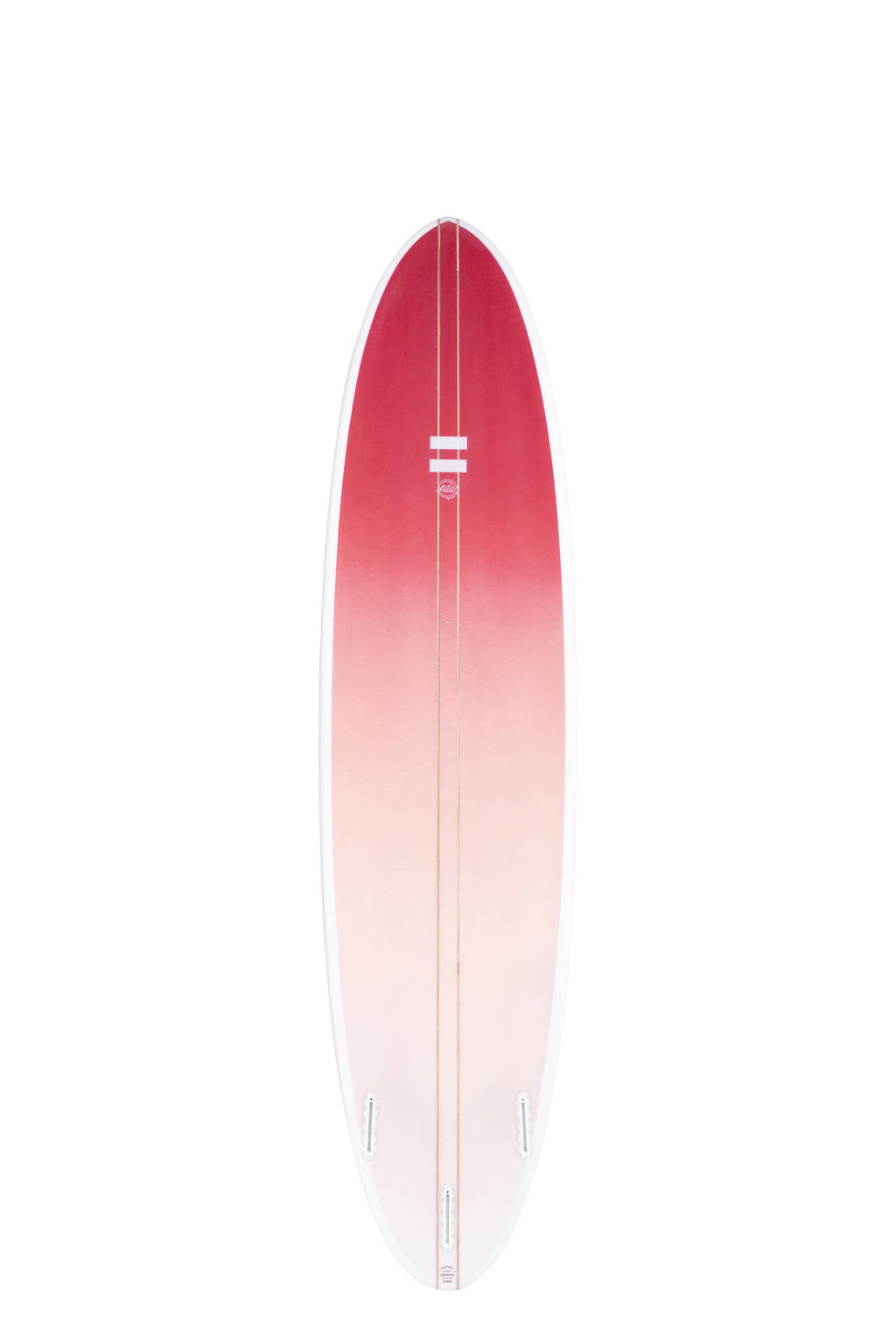 Back view of the Indio Endurance The Egg surfboard in the New Space colorway, featuring a pinkish red-to-white gradient, shown upright on a white background.