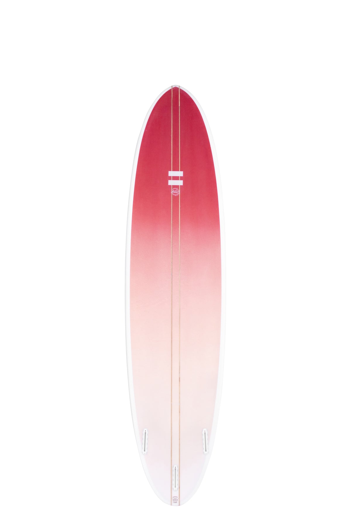 Back view of the Indio Endurance The Egg surfboard in the New Space colorway, featuring a pinkish red-to-white gradient, shown upright on a white background.