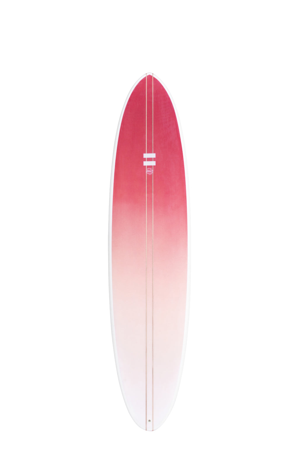 Front view of the Indio Endurance The Egg surfboard in the New Space colorway, featuring a pinkish red-to-white gradient, shown upright on a white background.
