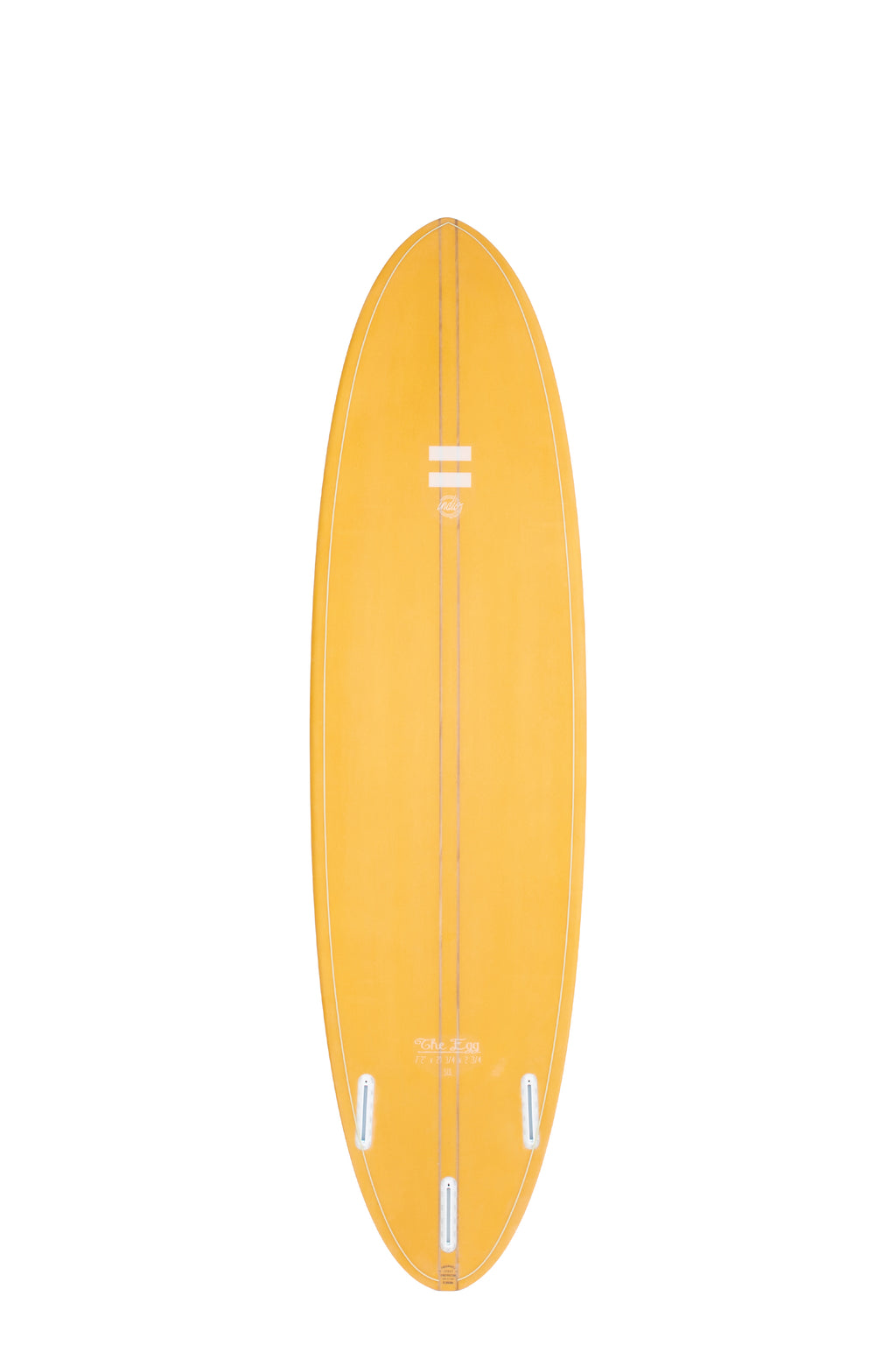 Back view of the Indio Endurance The Egg surfboard featuring a smooth, solid Toasted color on the deck, displayed on a white background.
