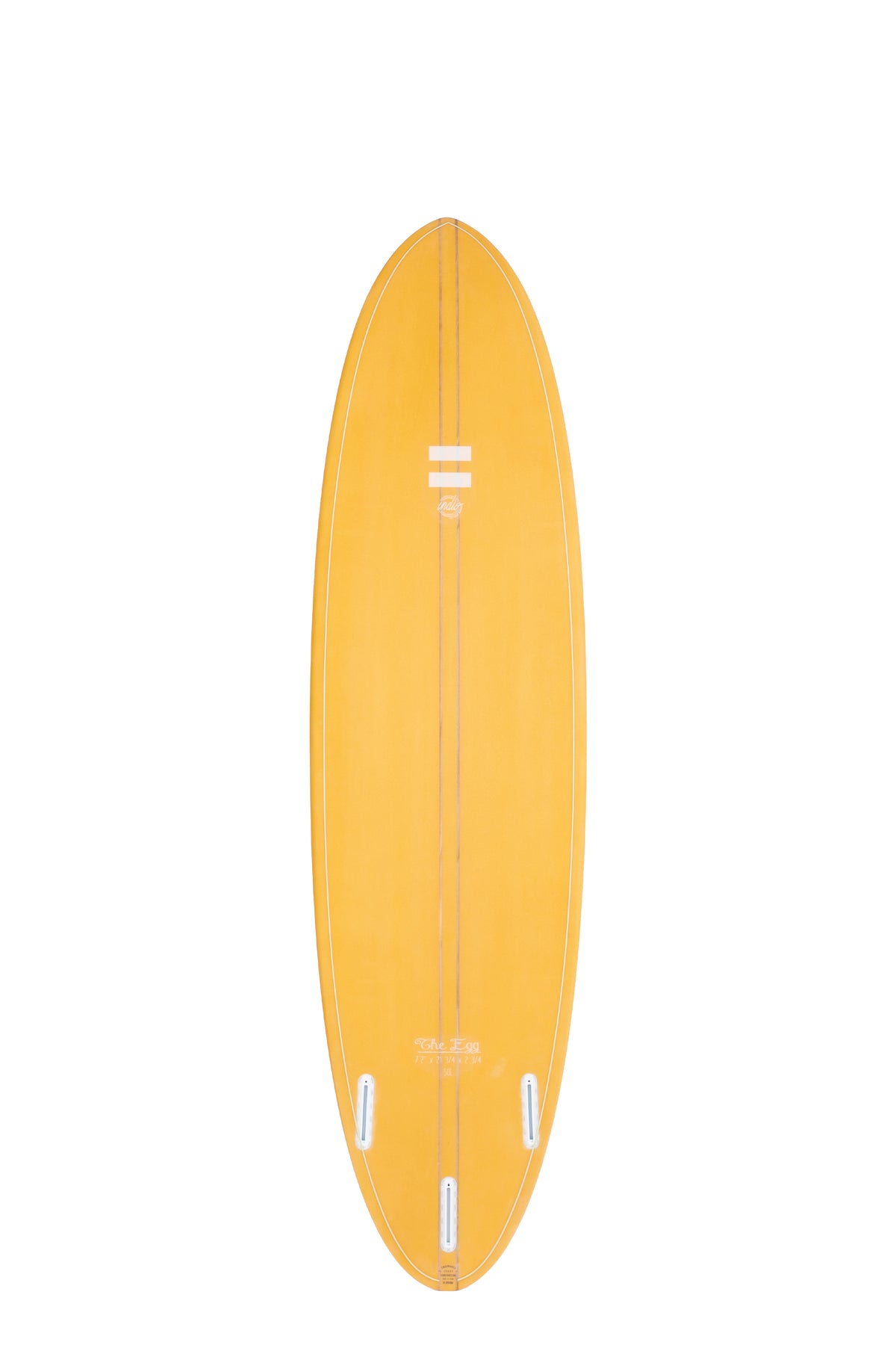 Back view of the Indio Endurance The Egg surfboard featuring a smooth, solid Toasted color on the deck, displayed on a white background.
