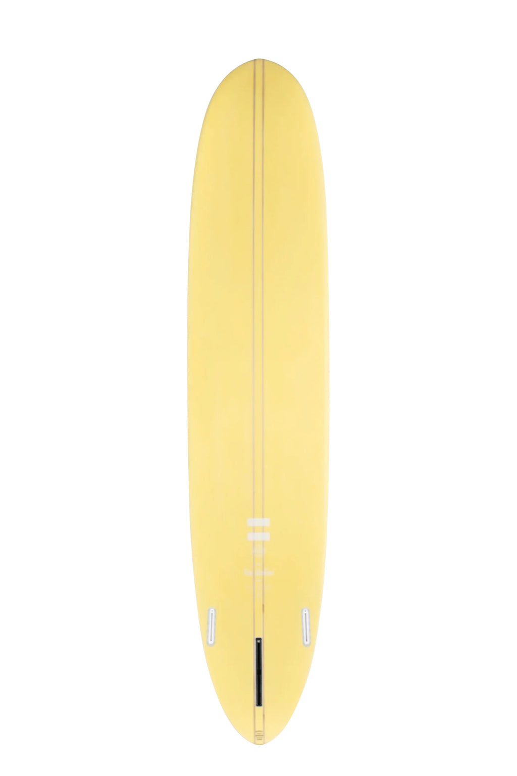 Back view of the Indio Endurance Trim Machine surfboard featuring a smooth, solid cream color on the deck, displayed on a white background.