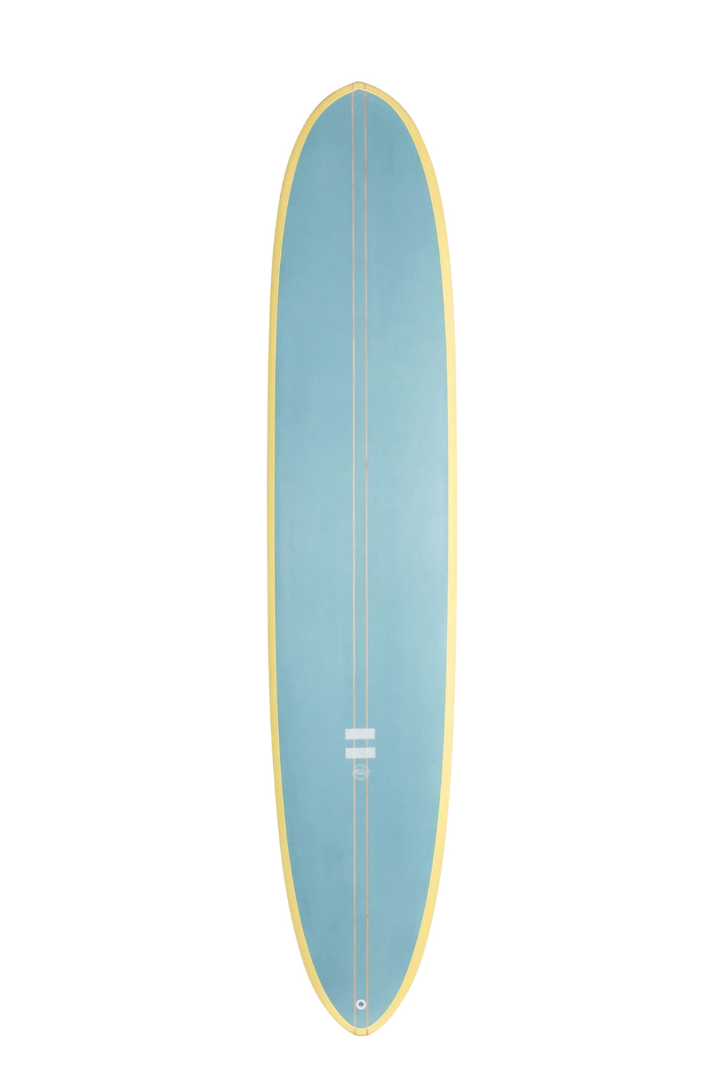 Front view of the Indio Endurance Trim Machine surfboard featuring a solid blue deck with cream rails, displayed on a white background.