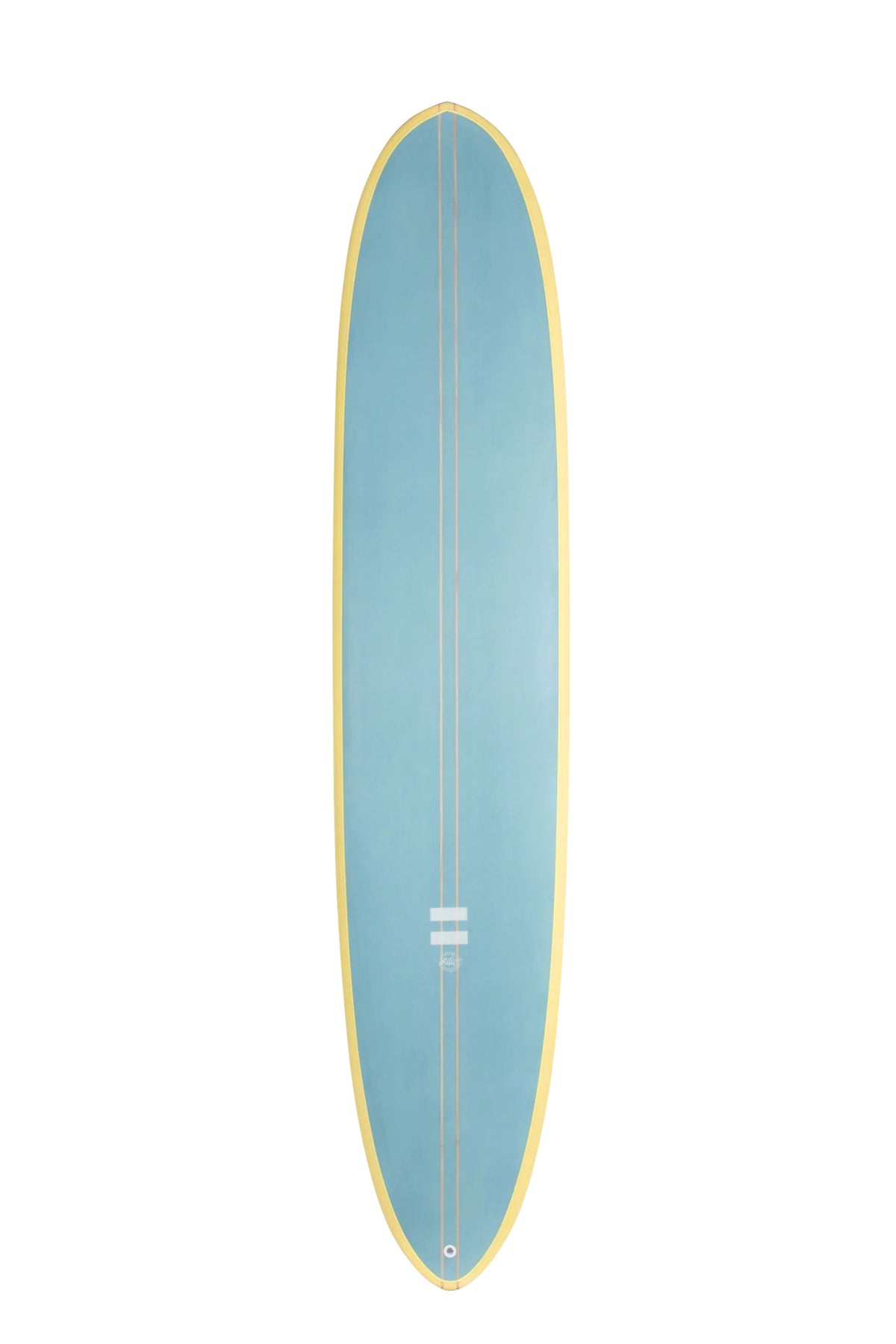 Front view of the Indio Endurance Trim Machine surfboard featuring a solid blue deck with cream rails, displayed on a white background.