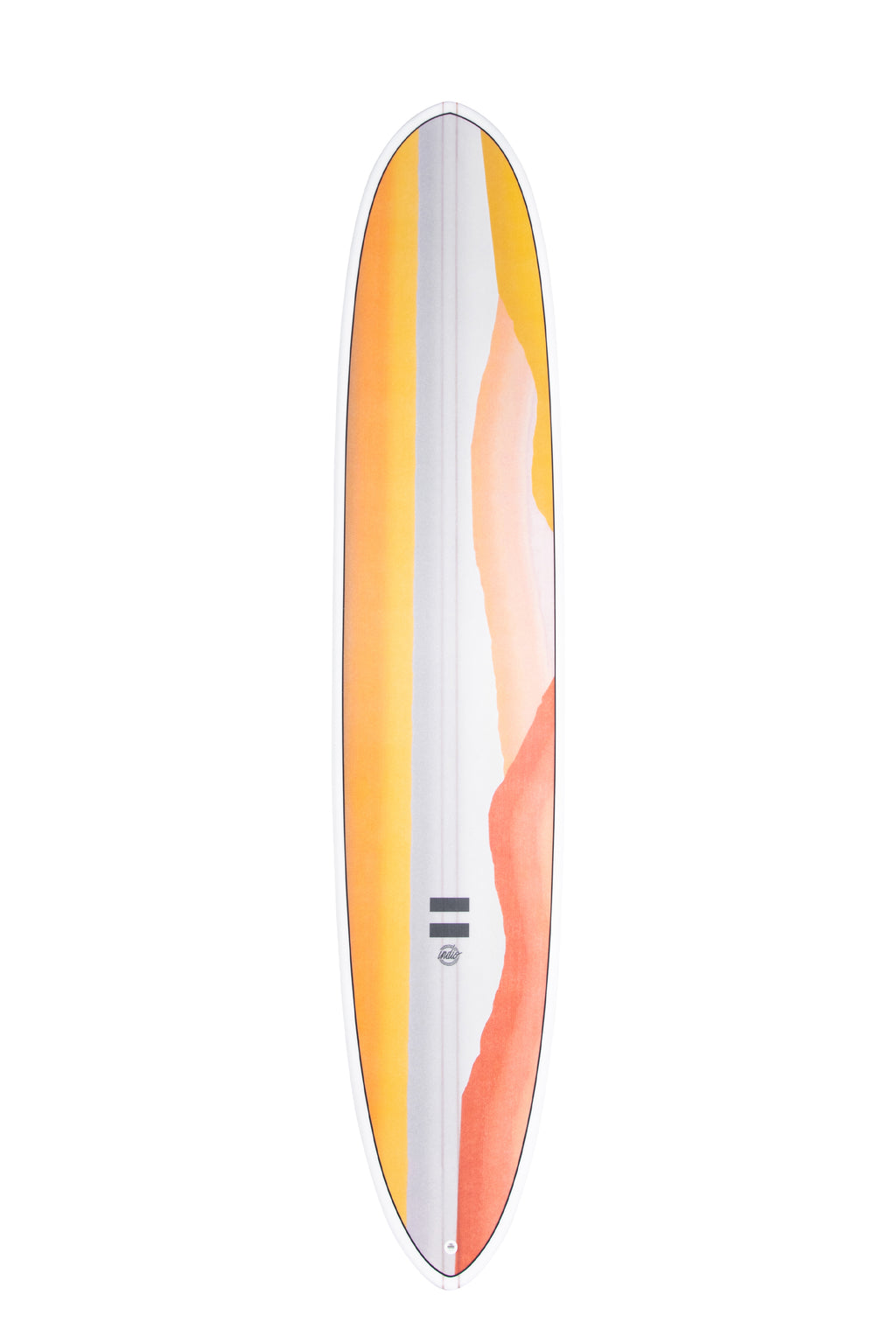 Front view of the Indio Endurance Trim Machine surfboard featuring a gradient design of warm tones along the deck, displayed on a white background.
