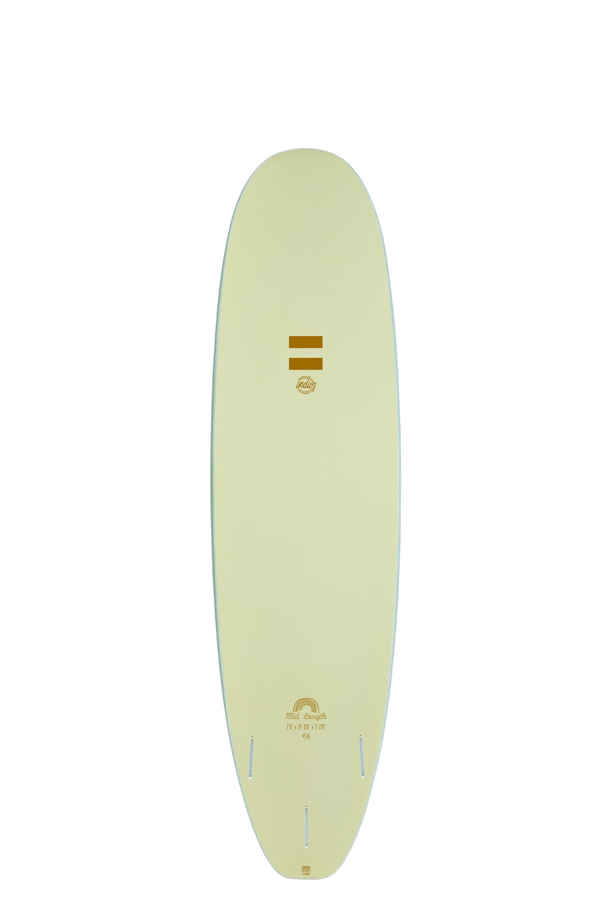 Back view of the Indio Mid Length Ultra Endurance surfboard featuring a smooth, solid Light Green color on the deck, displayed on a white background.
