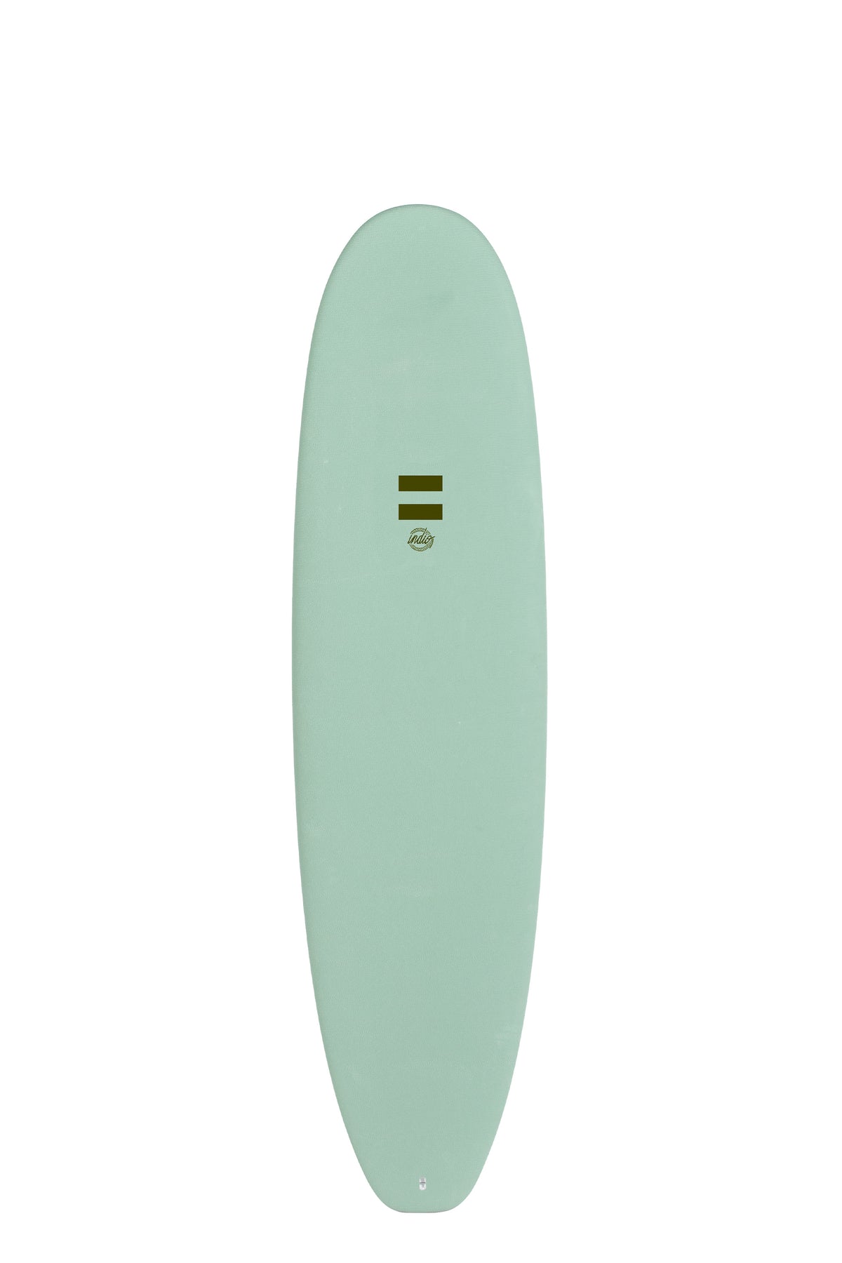 Front view of the Indio Mid Length Ultra Endurance surfboard featuring a smooth, solid Green color on the deck, displayed on a white background.