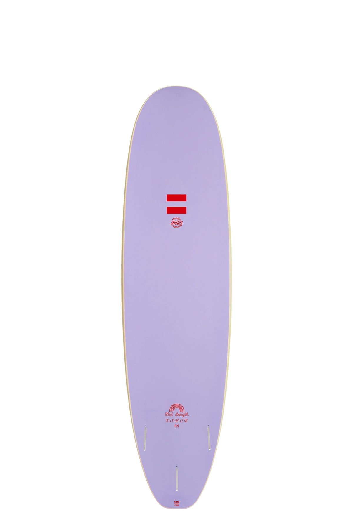 Back view of the Indio Mid Length Ultra Endurance surfboard featuring a smooth, solid Purple color on the deck, displayed on a white background.