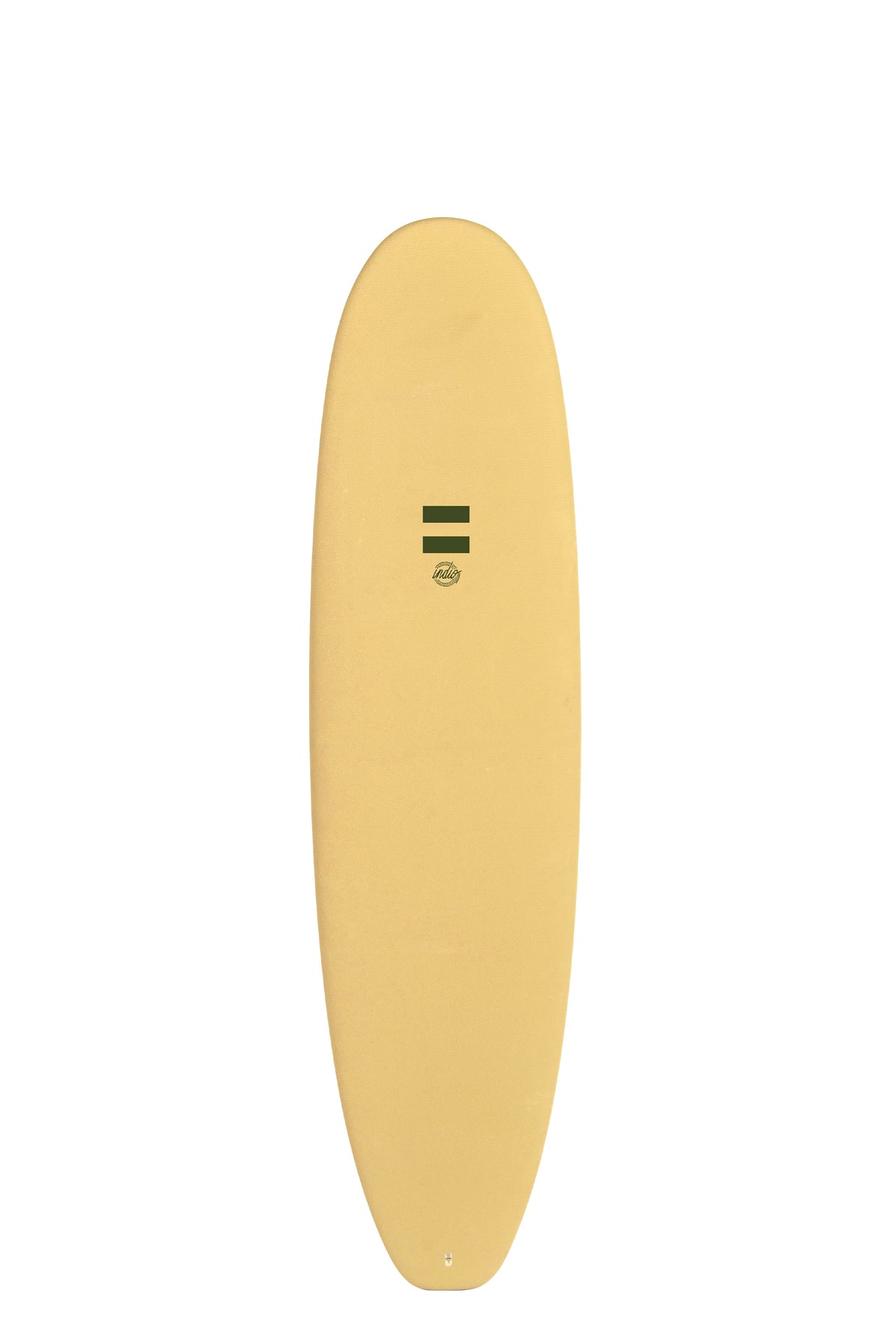 Front view of the Indio Mid Length Ultra Endurance surfboard featuring a smooth, solid Sand color on the deck, displayed on a white background.