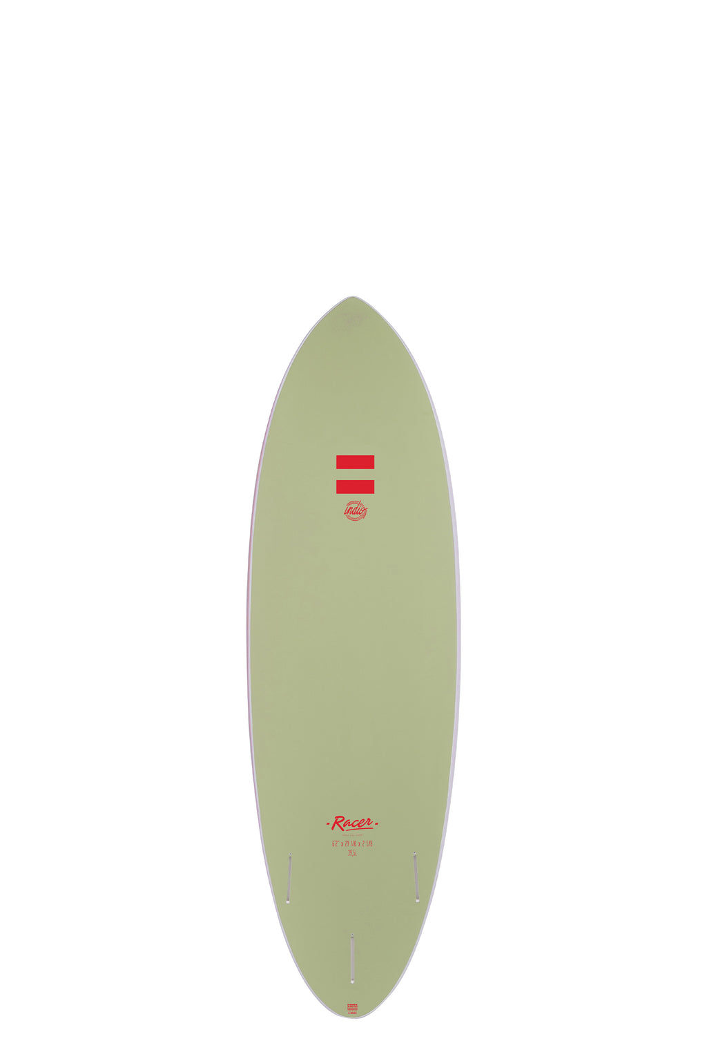 Back view of the Indio Racer Ultra Endurance surfboard featuring a smooth, solid Green color on the deck, displayed on a white background.