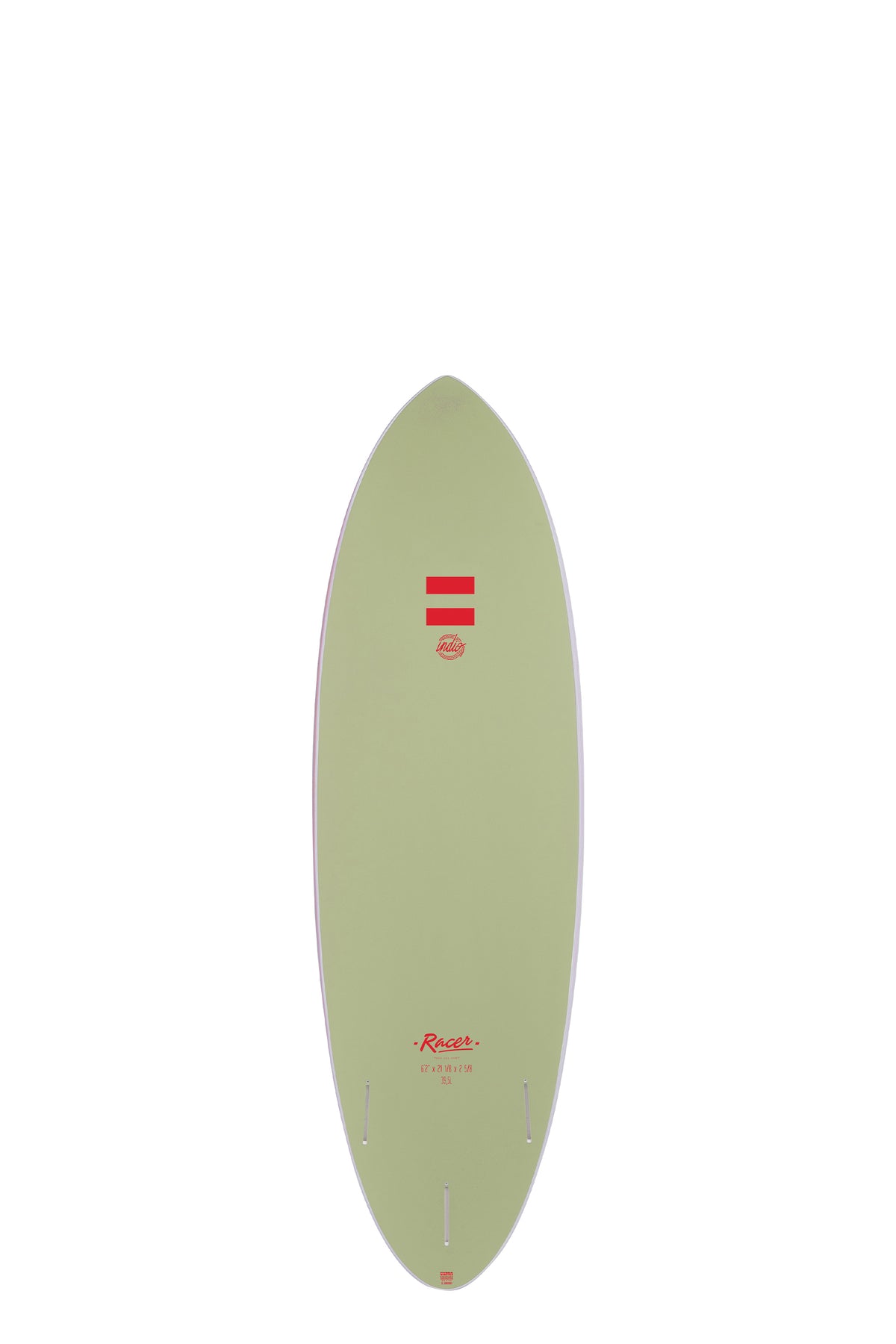 Back view of the Indio Racer Ultra Endurance surfboard featuring a smooth, solid Green color on the deck, displayed on a white background.