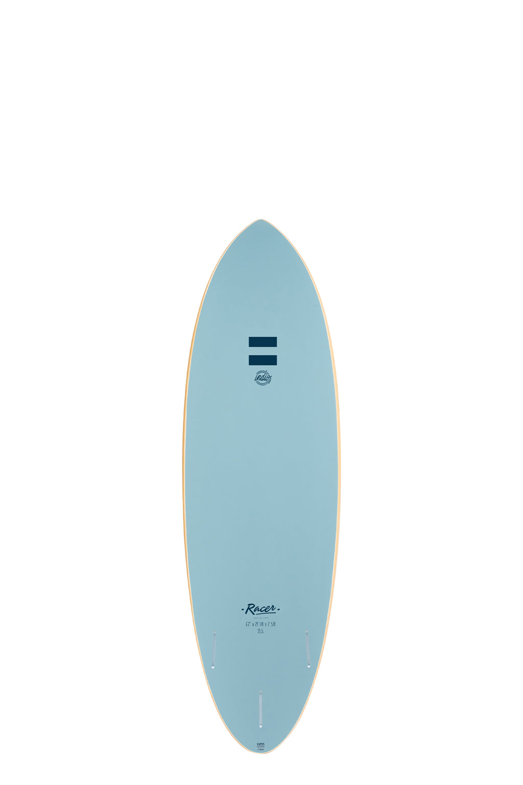 Back view of the Indio Racer Ultra Endurance surfboard featuring a smooth, solid Blue color on the deck, displayed on a white background.