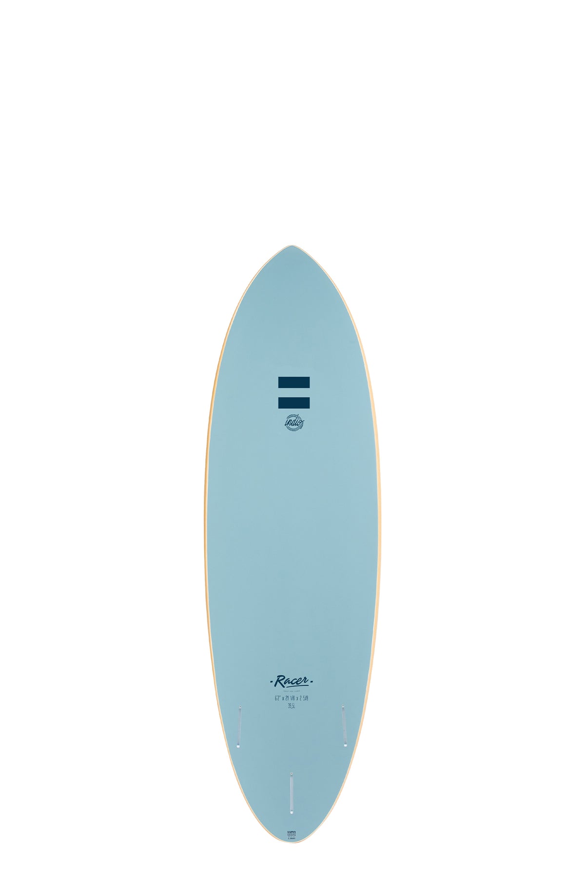 Back view of the Indio Racer Ultra Endurance surfboard featuring a smooth, solid Blue color on the deck, displayed on a white background.