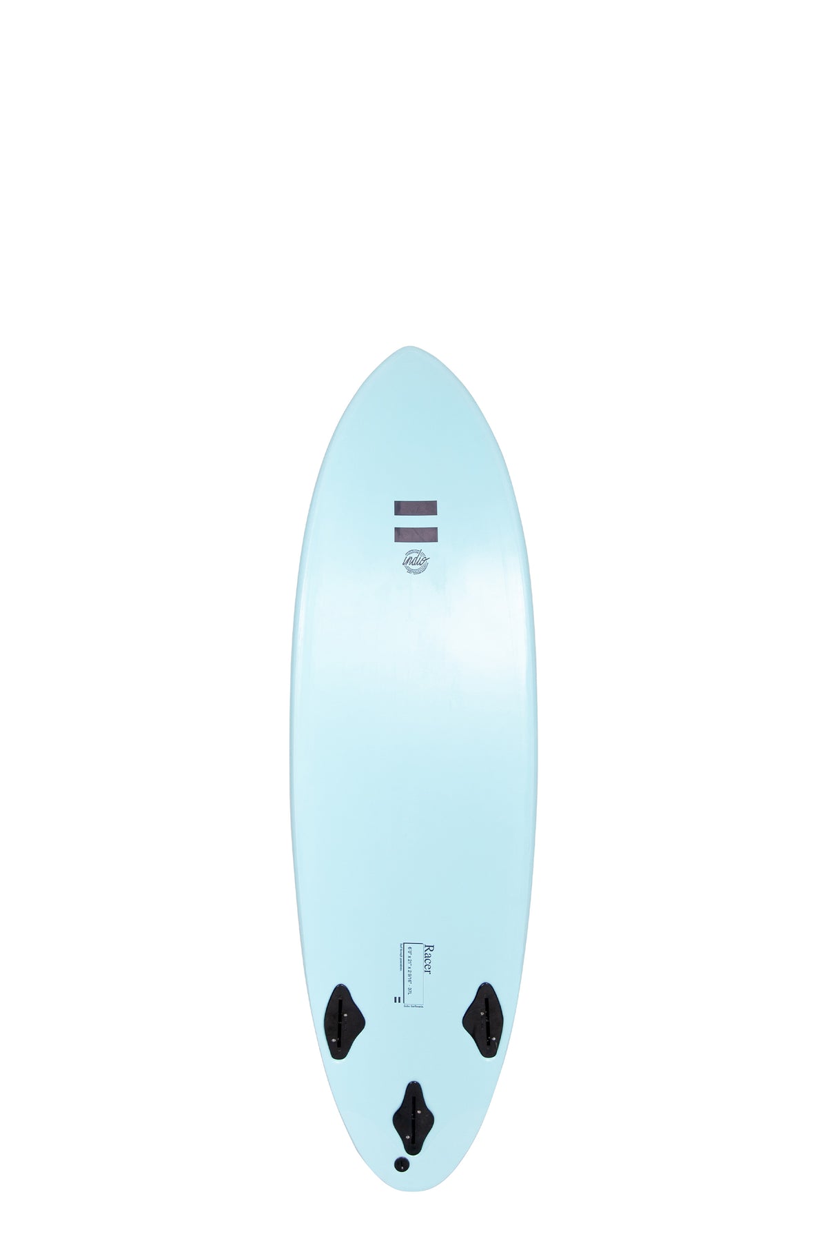 Back view of the Indio x Suntech Racer surfboard featuring a smooth, solid Blue Ocean bottom, displayed on a white background.