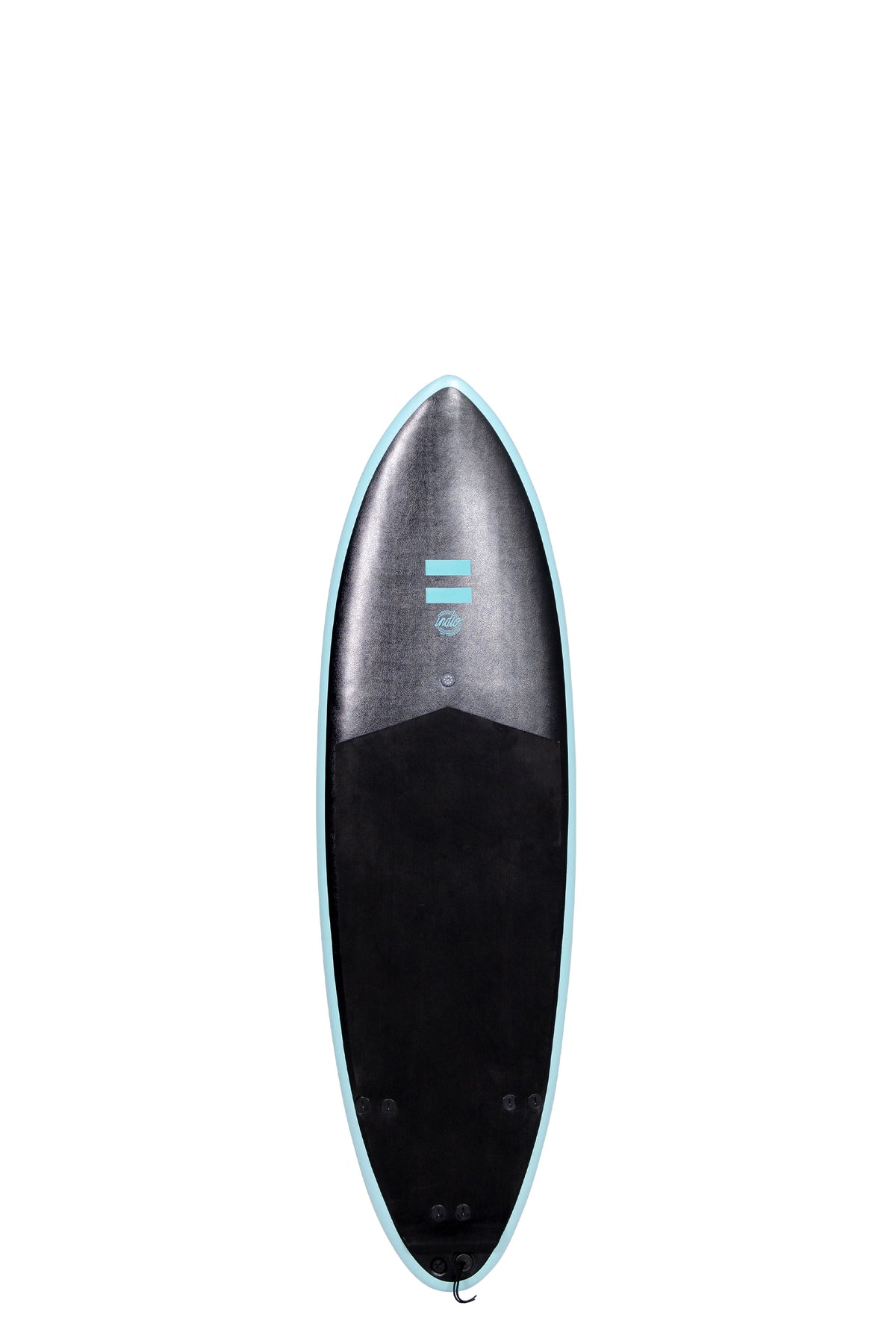 Front view of the Indio x Suntech Racer surfboard featuring a Black deck with Blue Ocean rails and a black tail pad, displayed on a white background.