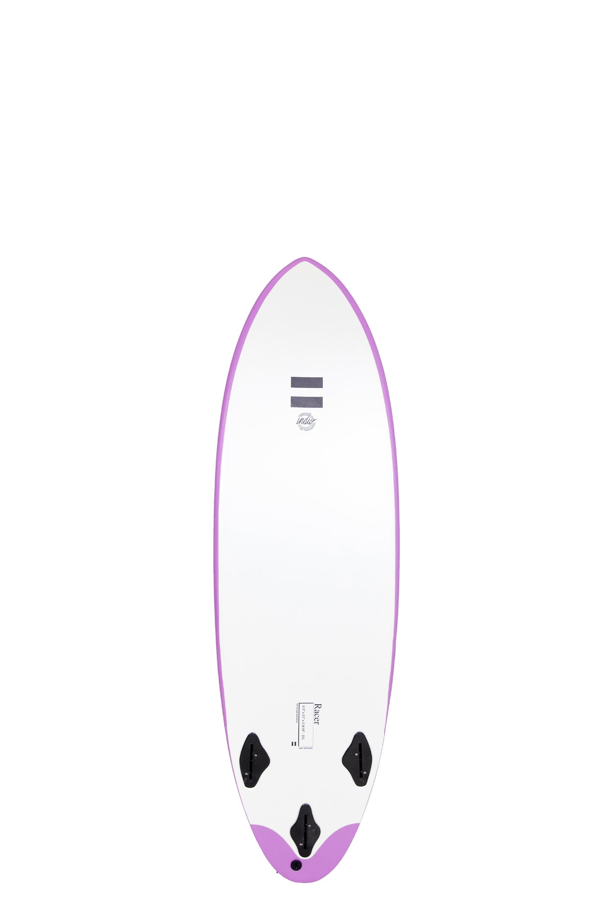 Back view of the Indio x Suntech Racer surfboard featuring a clean white bottom with Purple rails and tail accents, displayed on a white background.