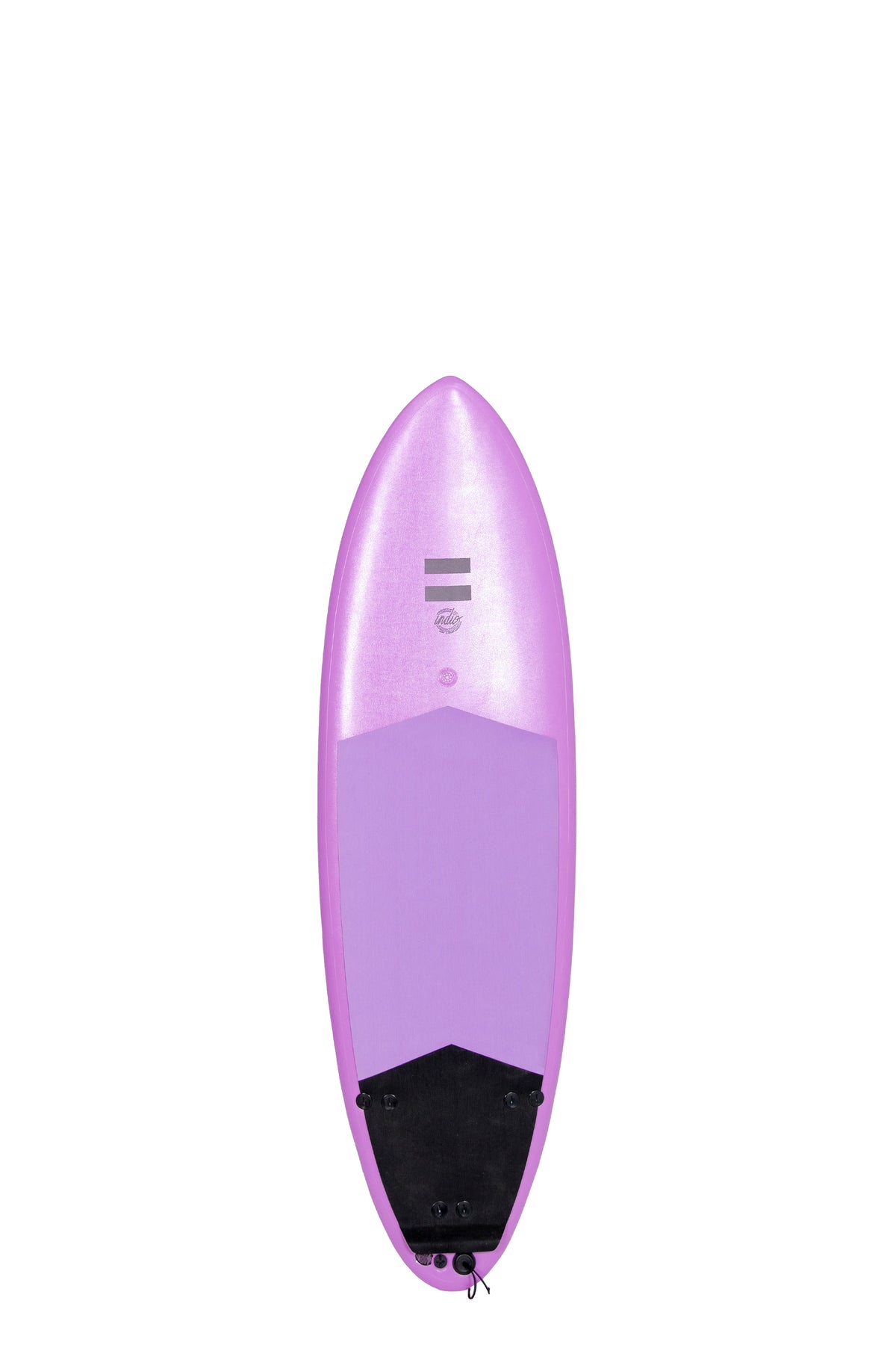 Front view of the Indio x Suntech Racer surfboard featuring a smooth, solid Purple deck with a black tail pad, displayed on a white background.